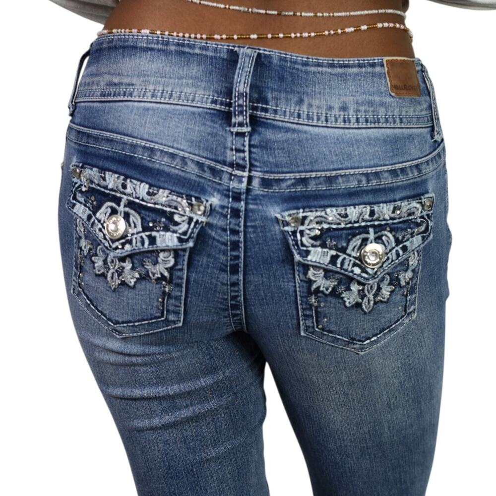 Wallflower Jeans Blue Stretch Denim Low Rise Bootcut Embroidered Bling Pockets 0